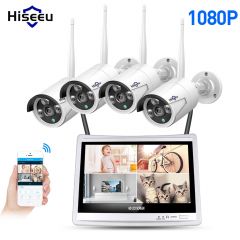 HISEEU 4CH 1080P无线NVR套件12'LCD显示高清户外安全2MP IP摄像机视频监视