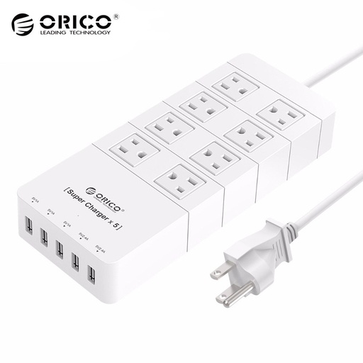 [32325421891-CN] ORICO HPC-8A5U-US-WH家庭尺寸8出口电涌保护器电源板，带5端口40W USB充电器FO