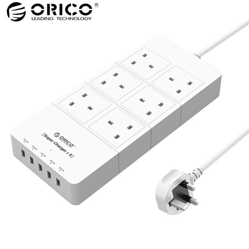 [32462818015-CN] ORICO HPC-6A5U-UK-WH家庭办公室英国插件USB旅行充电器适配器，带有6个插座电动条激增