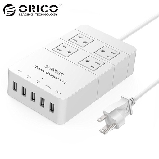 [32806640855-CN] Orico White HPC-4A5U-US 4-OUTLET高功率智能电涌保护插座，用美国插件供Smartphon
