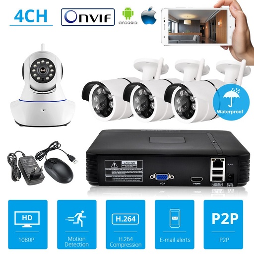 [32856246060-CN] KERUI安全摄像机系统NVR套件全高清4频道安全CCTV NVR ONVIF WIFI摄像机系统WI