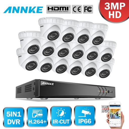 [32889054929-CN] Annke 16CH 3MP CCTV系统高清TVI DVR 16PCS 2048*1536 TVI安全圆顶摄像头室外CCTV摄像机H