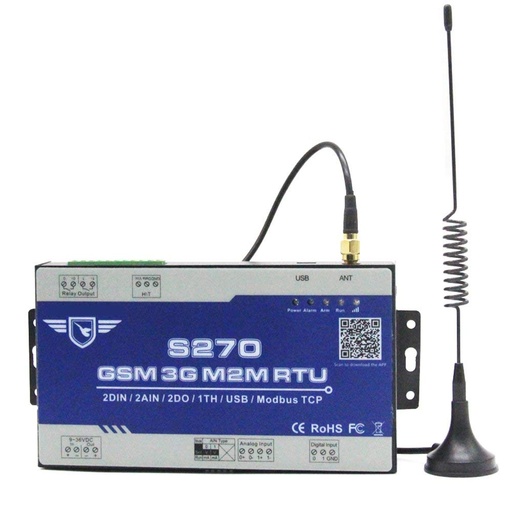[S270-CN] 国王鸽子Modbus TCP从3G物联网RTU智能远程开关2DI+2AO+2继电器输出支持SMS，应用程序控制S270