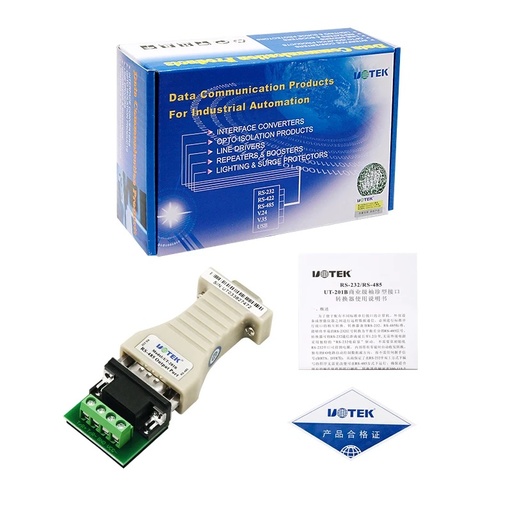 [UT-201B-CN] UTEK UT-201B RS232至RS485转换器COM DB9工业级双向传输1.2公里通信协议无需电力