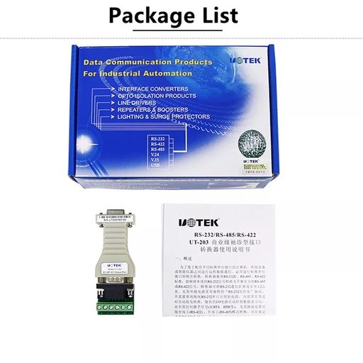 [UT-203A-CN] UTEK UT-203A RS232至RS485/422 DB9连接器被动转换器开关，带有6PIN端子块变速箱距离1.2K