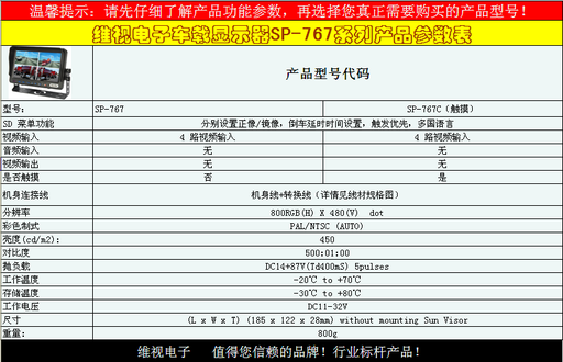 [VAISE01-TW-CN] 维视VEISE四分割车用触摸显示器7寸高清屏450cd亮度8-36V宽电压